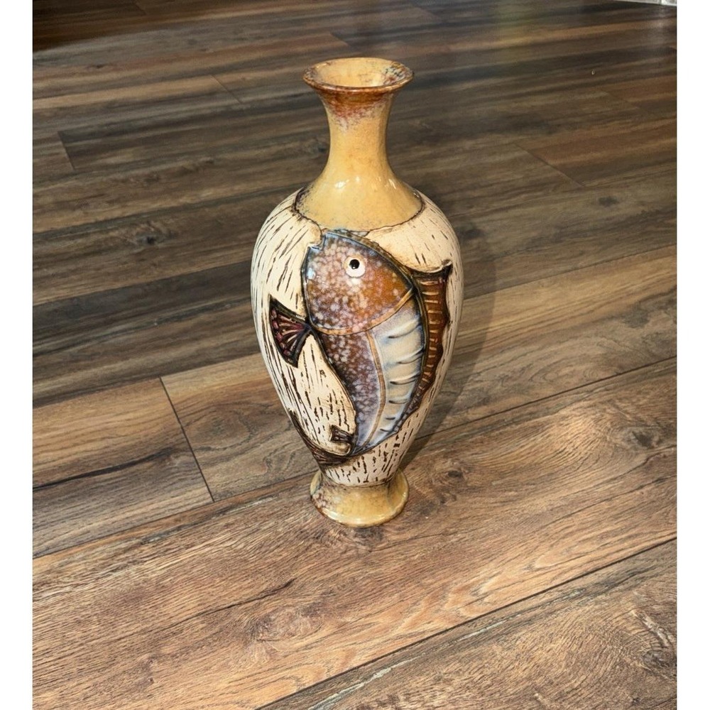 Vintage Studio Pottery Vase w/ Fish Koi Design – Handcrafted Textured Art Piece